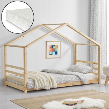 Házikó ágy Vardø matraccal 90x200 cm natúr fenyő [en.casa]