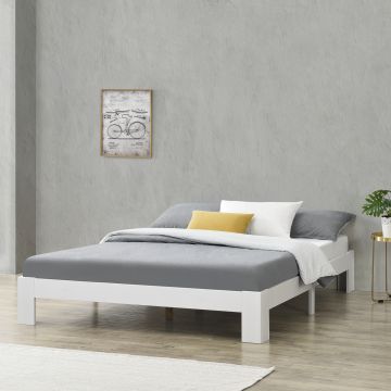 Fa ágykeret Raisio 204x184x30cm dupla ágy 200Kg fenyőfa/forgácslap fehér, matt lakkozott ágyráccsal [en.casa]® 