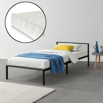 Fémkeretes ágy ágyráccsal és matraccal 90x200cm minimalista stílusú fekete szinterezett [en.casa]® 