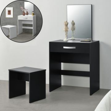 Fésülködő asztal tükörrel és székkel sminkasztal fiókkal forgácslap fehér/fekete  [en.casa]®