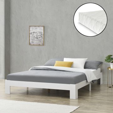 Fa ágykeret Raisio 140 x 200 cm dupla ágy 150 Kg fenyőfa/forgácslap matt fehér ágyráccsal és matraccal [en.casa]® 