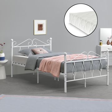 Fémkeretes ágy Apolda 120 x 200 cm porszórt (szinterezett) acél váz fehér, matt dekoratív fej-és lábrész egyszemélyes ágy hideghabos matraccal [en.casa]® 