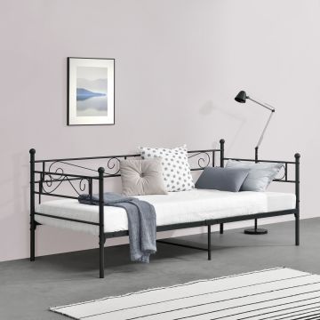 Egyszemélyes fém ágy Kerava 90x200 cm acélváz, szinterezett 200 Kg dekoratív fej-és lábrész fekete, matt fém ágyráccsal [en.casa]® 