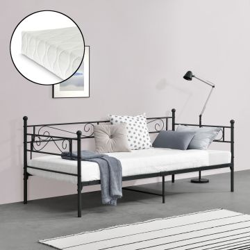 Fém ágy Kerava 90x200 cm hideghab matraccal egyszemélyes fémágy ágykeret 200 kg-ig  fej-és lábrésszel acél fekete, matt [en.casa]® 