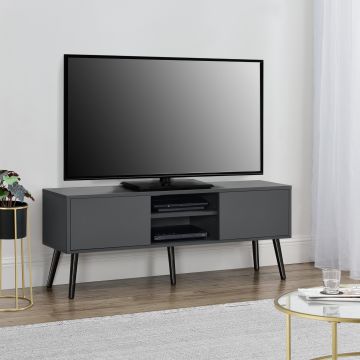 TV-állvány Eskilstuna 120 x 29,5 x 46,5 cm TV-szekrény polccal tévéasztal ajtóval forgácslap tömör fa lábakkal sötétszürke/ fekete [en.casa]® 