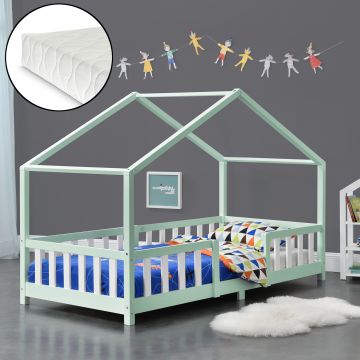 Házikó gyerekágy Treviolo leesésgátlóval matraccal 90x200 cm mentazöld/fehér [en.casa]