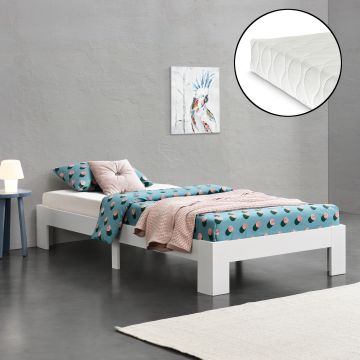Fa ágykeret Raisio 120 x 200 cm dupla ágy 150 Kg fenyőfa/forgácslap matt fehér ágyráccsal és matraccal [en.casa]® 