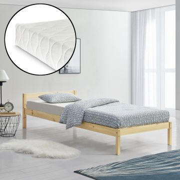 Egyszemélyes ágykeret ágyráccsal és matraccal, 90x200cm, natúr fa  [en.casa]®