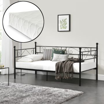 Fémkeretes ágy matraccal - egyszemélyes dizájn ágykeret 200 x 100 cm ágyráccsal - heverő fekete színben [en.casa]®