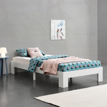 Fa ágykeret Raisio 204x104x30cm egyszemélyes ágy 100Kg fenyőfa/forgácslap fehér, matt lakkozott ágyráccsal [en.casa]® 