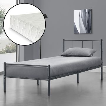 Fémkeretes ágy matraccal, kopásálló, Sötétszürke, 90 x 200 cm [en.casa]® 