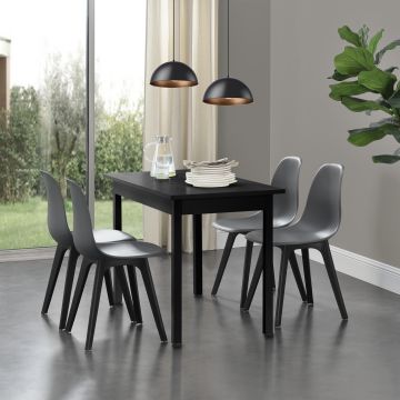 [en.casa]® Étkezőgarnitúra étkezőasztal 120cm x 60cm x 75cm székekkel étkező szett konyhai asztal 4 műanyag székkel 83x54x48 cm fekete-szürke