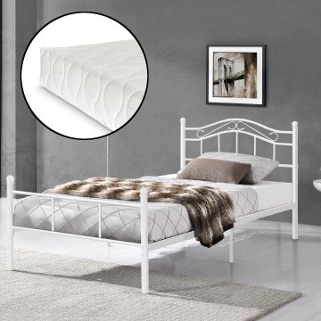 [en.casa]® Egyszemélyes ágy Split hideghab matrac 120 x 200 cm fémkeretes vintage ágykeret design ágy fehér