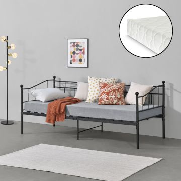 Fémkeretes ágy hideghabos matraccal és ágyrácssal Arjeplog 200 x 90 x 16 cm acélkeret 1 személyes ágy fekete matt [en.casa] 