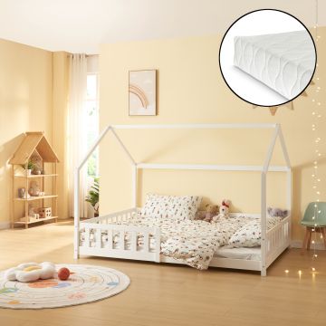 Házikó ágy Hesel matraccal és leesésgátlóval 140x200cm fehér [en.casa]