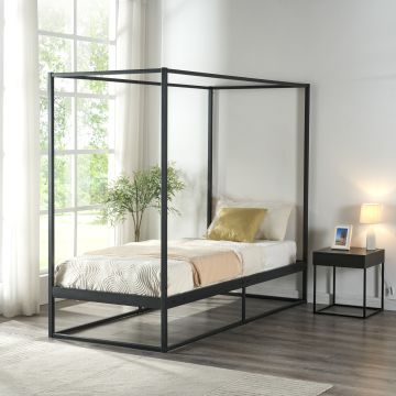 Baldachinos ágy Kristianstad fém 90x200 cm fekete [en.casa]