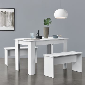 Asztal-pad szett 4 fő részére étkezőasztal 110 x 70 cm két paddal fehér [en.casa]® 