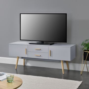 TV-állvány 140 x 40 x 56 cm TV-szekrény 2 szekrényajtóval és 2 fiókkal fa tartólábakkal komód forgácslap világosszürke [en.casa]®