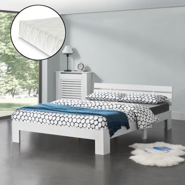 Fenyőfa ágykeret ágyráccsal Nivala matraccal 140x200 cm fehér [en.casa]
