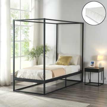 Baldachinos ágy Kristianstad matraccal 90x200 cm fekete [en.casa]