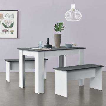  Asztal-pad szett 4 fő részére étkezőasztal 110 x 70 cm két paddal fehér/szürke [en.casa]®