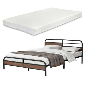 Fémkeretes ágy Aarau 180 x 200 cm szinterezett acél, 300 Kg fekete ágyráccsal 2 személyes hideghabos matraccal [en.casa]®