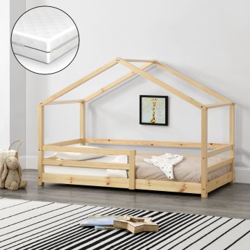 Házikó ágy Knätten matraccal 70x140 cm natúr fenyőfa [en.casa]