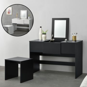 Fésülködő asztal beépített tükörrel és székkel sminkasztal forgácslap fehér/fekete  [en.casa]®