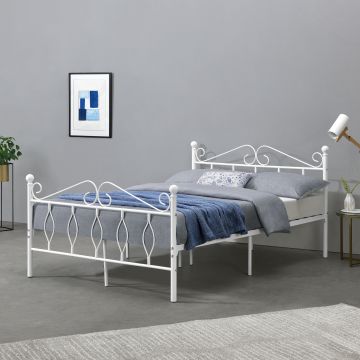 Fémkeretes ágy Apolda 140 x 200 cm porszórt (szinterezett) acél váz fehér, matt dekoratív fej-és lábrész dupla ágy [en.casa]®