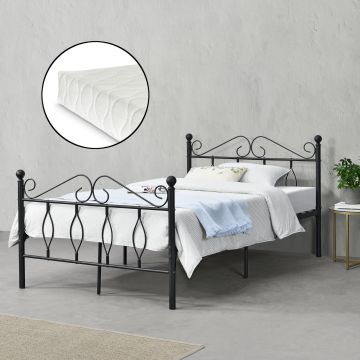 Fémkeretes ágy Apolda 120 x 200 cm porszórt (szinterezett) acél váz fekete, matt dekoratív fej-és lábrész egyszemélyes ágy hideghabos matraccal [en.casa]®