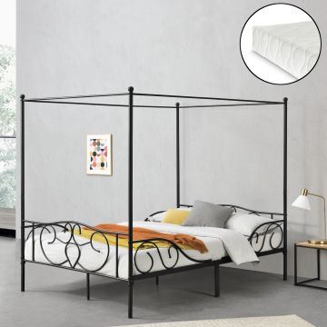 Baldachinos ágy hideghabos  matraccal Finström 140 x 200 cm acél kétszemélyes ágy matt fekete [en.casa] 