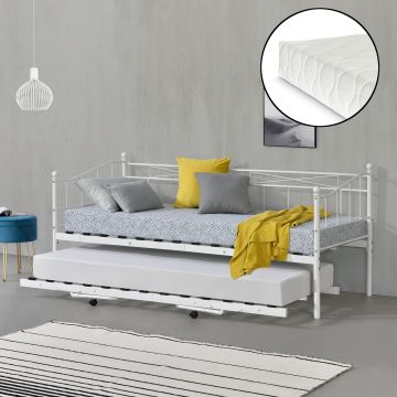 Skutskär Fém ágykeret vendégágy funkcióval matraccal 90x200 cm fehér [en.casa]