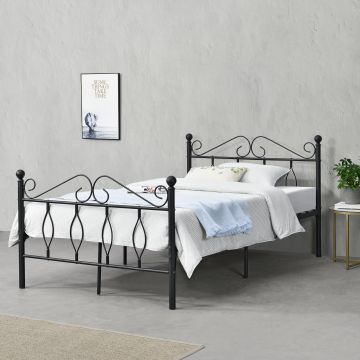 [en.casa]® Fémkeretes ágy Apolda porszórt (szinterezett) acél váz fekete, matt dekoratív fej-és lábrész  különböző méretek