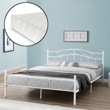 Franciaágy Split hideghab matrac 160 x 200 cm fémkeretes vintage ágykeret design ágy fehér [en.casa]® 