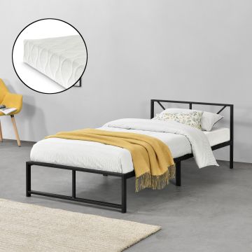 Fémkeretes ágy Meran 90 x 200 cm szinterezett acél, 200 Kg fekete ágyráccsal karc-és ütésmentes, kopásálló 1 személyes hideghabos matraccal [en.casa]®