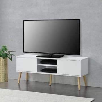 TV-állvány Eskilstuna Weib 120 x 29,5 x 46,5 cm TV-szekrény polccal tévéasztal ajtóval forgácslap tömör fa lábakkal fehér [en.casa]® 