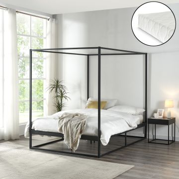 Baldachinos ágy Kristianstad matraccal 140x200 cm fekete [en.casa]