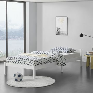 Ágykeret Nakkila ágyráccsal fenyőfa 90x200 cm egyszemélyes egyszerű faágy fejtámlával fehér matt lakkozott [en.casa]® 