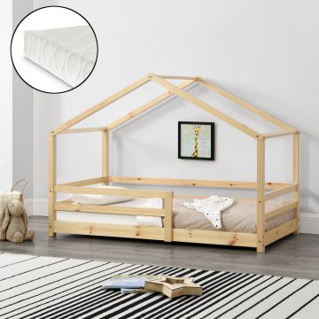 Házikó ágy Knätten matraccal 90x200 cm natúr fenyőfa [en.casa]