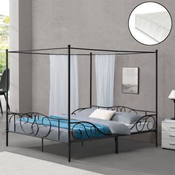Baldachinos ágy hideghabos  matraccal Finström 180 x 200 cm acél kétszemélyes ágy matt fekete [en.casa] 