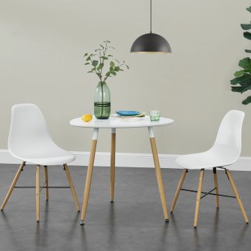 3 személyes étkezőasztal ABNA-061x négyszögletes/lekerekített asztallappal fehér-bükkfa [en.casa] 