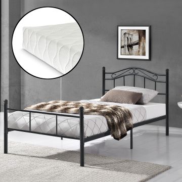 [en.casa]® Egyszemélyes ágy Split hideghab matrac 120 x 200 cm fémkeretes vintage ágykeret design ágy fekete