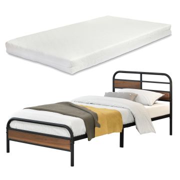 en.casa]®  Fémkeretes ágy Aarau szinterezett acél, 300 Kg fekete ágyráccsal hideghabos matraccal különböző méretek 