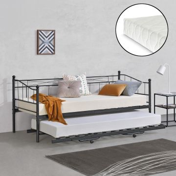 Kihúzható ágy két fekvőfelülettel, matracokkal Skutskär 2 x 200 x 90 x 16 cm acélkeret/hideghabos matrac fekete matt [en.casa] 