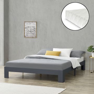 Fa ágykeret Raisio 140 x 200 cm dupla ágy 150 Kg fenyőfa/forgácslap matt sötétszürke ágyráccsal és matraccal [en.casa]® 