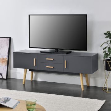 TV-állvány 140 x 40 x 56 cm TV-szekrény 2 szekrényajtóval és 2 fiókkal fa tartólábakkal komód forgácslap sötétszürke [en.casa]®