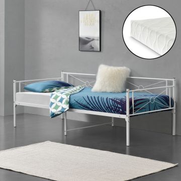 Fémkeretes ágy Alvesta 90x200 cm egyszemélyes dizájn ágykeret hideghabos matraccal ágyráccsal acélváz fehér, matt [en.casa]® 
