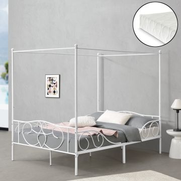 Baldachinos ágy hideghabos  matraccal Finström 140 x 200 cm acél kétszemélyes ágy matt fehér [en.casa] 