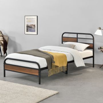 Fémkeretes ágy Aarau 90x200 cm fa-hatású elemekkel [en.casa]