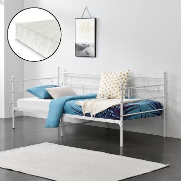 Fém ágy Kerava 90x200 cm hideghab matraccal egyszemélyes fémágy ágykeret 200 kg-ig  fej-és lábrésszel acél fehér, matt [en.casa]® 